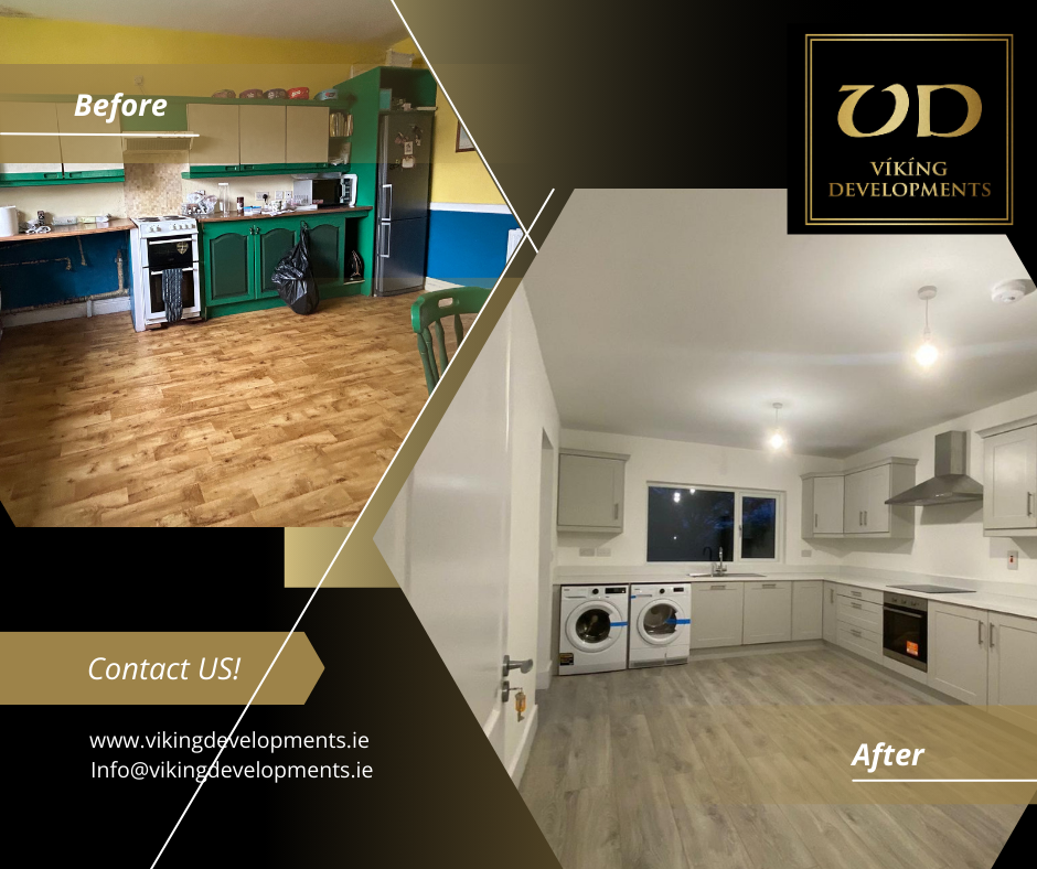 Kitchen Before and after images, with Viking Developments logo.